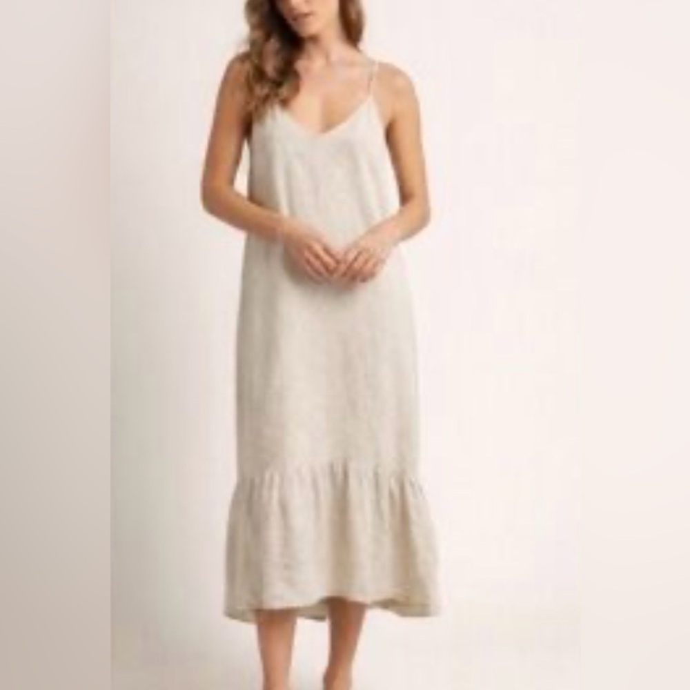 Light Beige Midi Slip Dress with Ruffle Hem